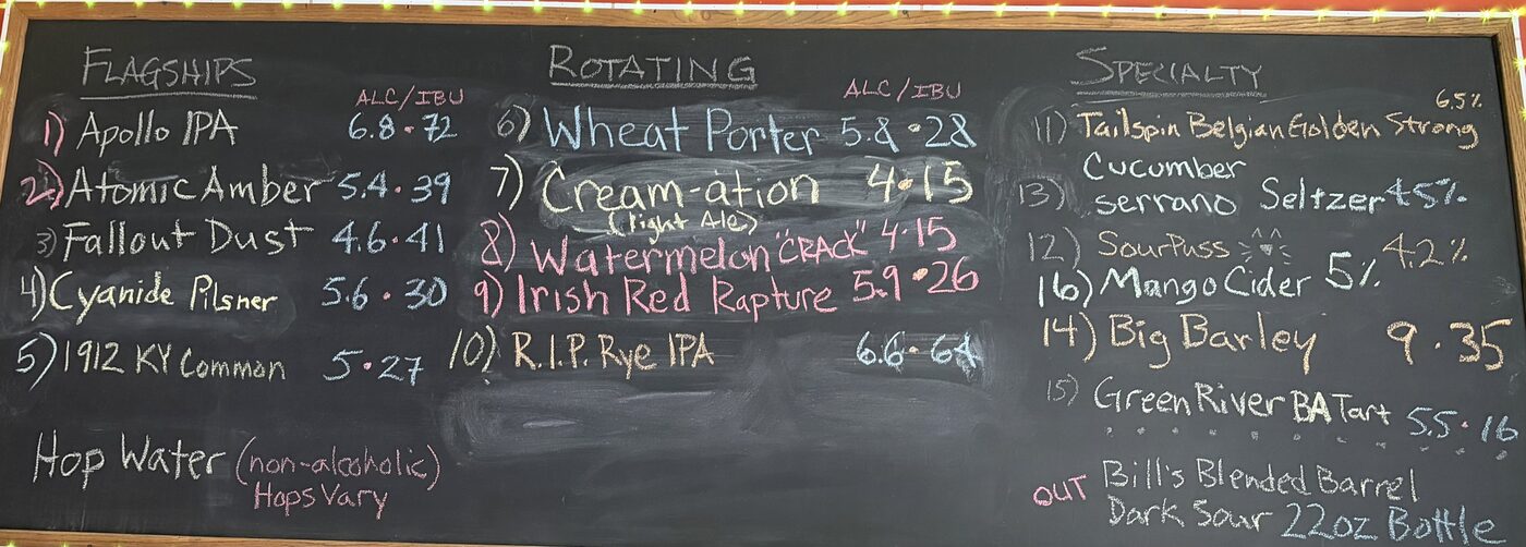 The chalkboard beer menu at Apocalypse Brew Works